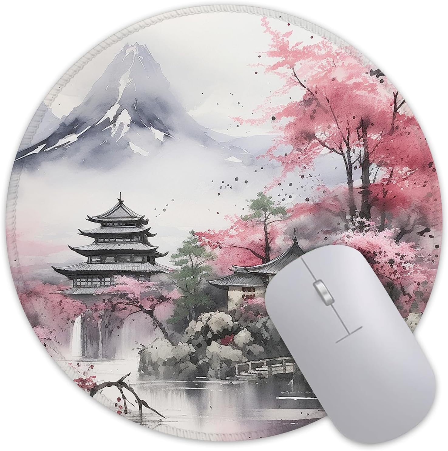 Desk Pad, Watercolor Cherry Blossom Ink Painting Round Gaming Mouse Pad,Non-Slip Rubber Base Desk Mat with Stitched Edge,Small Mousepads for Laptop Computer 8.6x8.6Inch