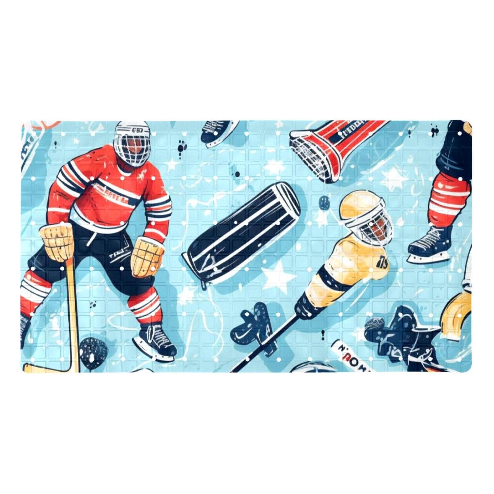 Tapis de douche antidérapant avec motif hockey sur glace - 38,5 x 68 cm - Tapis de douche en caoutchouc antidérapant avec trous de drainage et ventouses - Lavable en machine