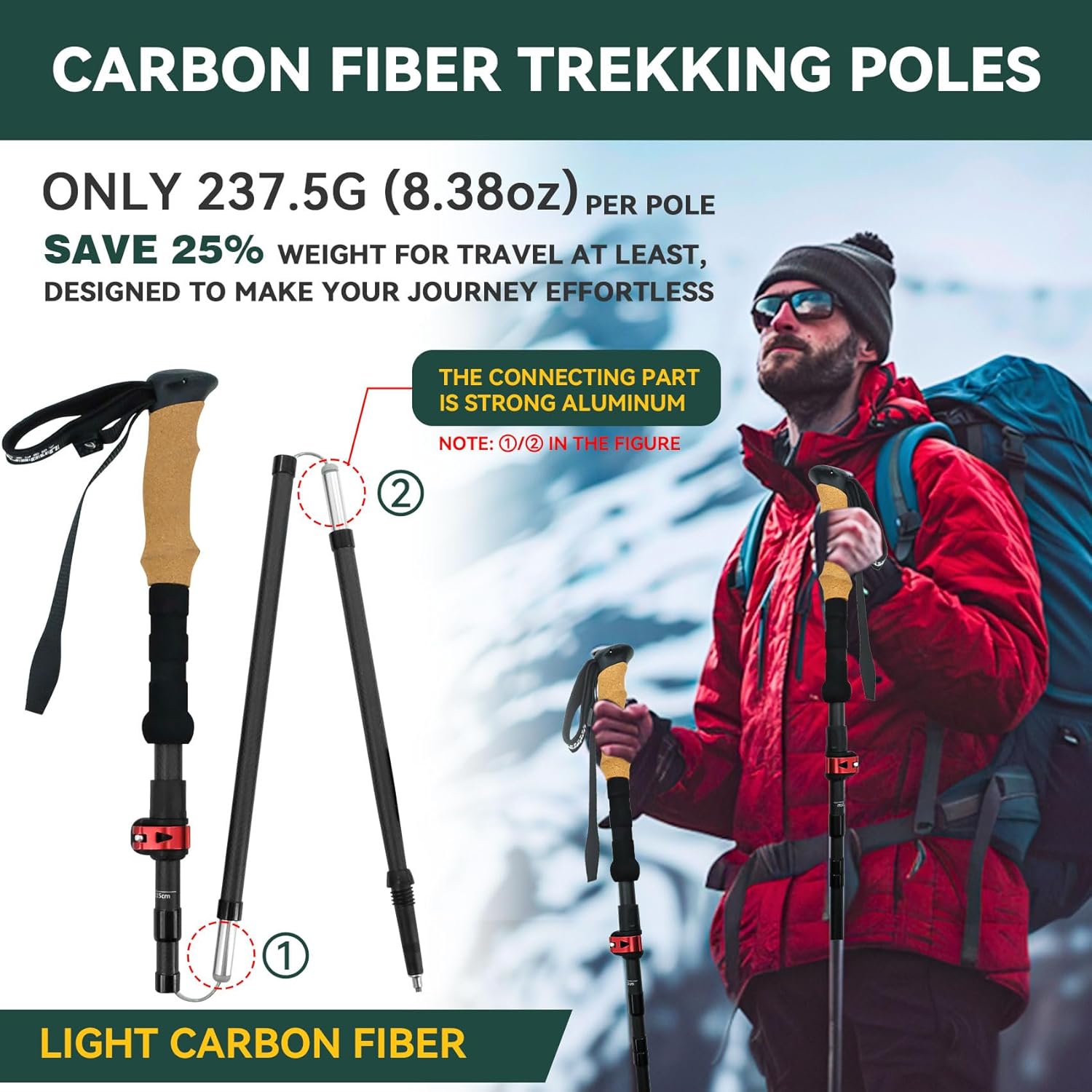 Carbon Fiber Trekking Poles - Lightweight Collapsible Hiking Poles, 2 PCS Nordic Hiking Sticks for Travel, Backpacking Walking Sticks for Men, Women, Seniors with Cork Grip & Quick-Lock System