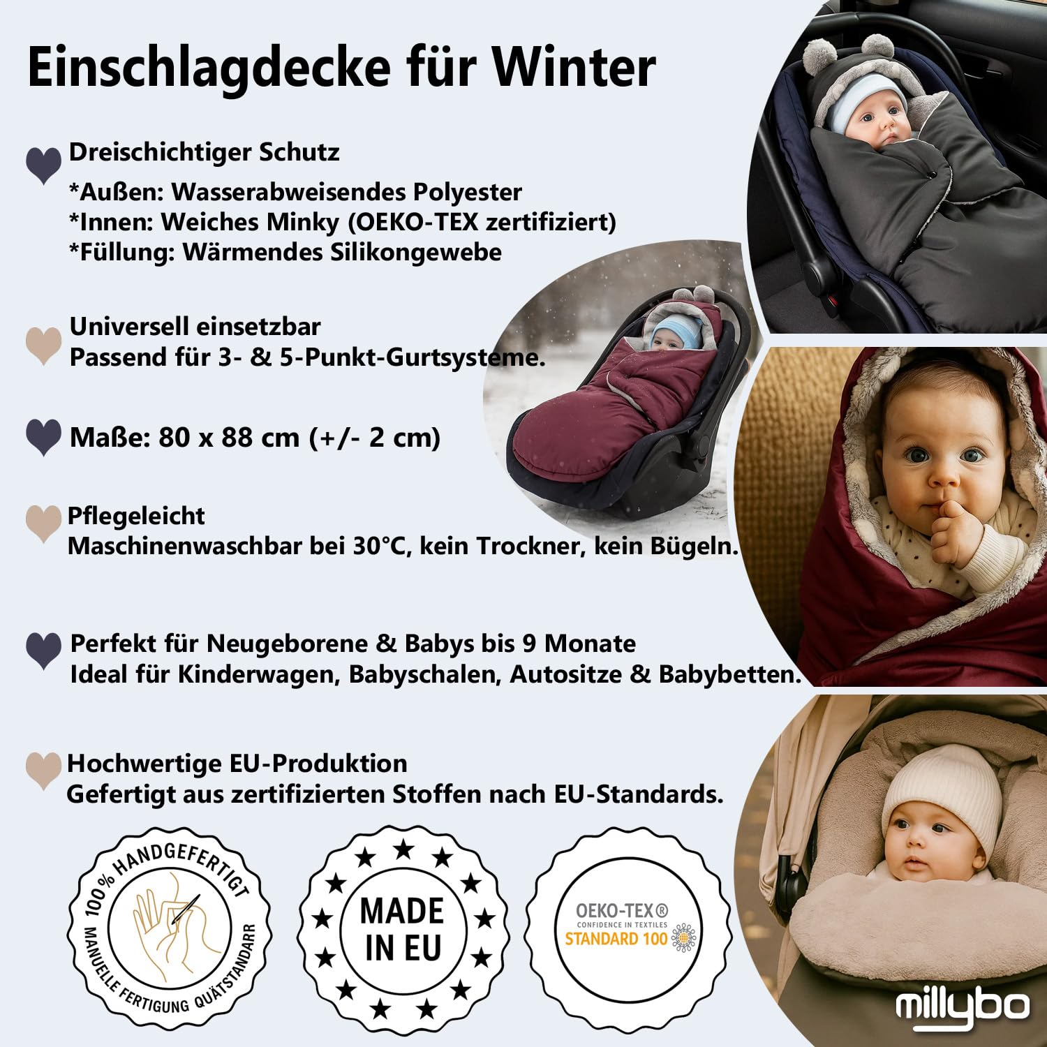 Coprigambe per bambini, per l'inverno, adatto per passeggino, ovetto, seggiolino auto, passeggino (605.021 nylon, grafite, Minky, grigio (cuore bianco))