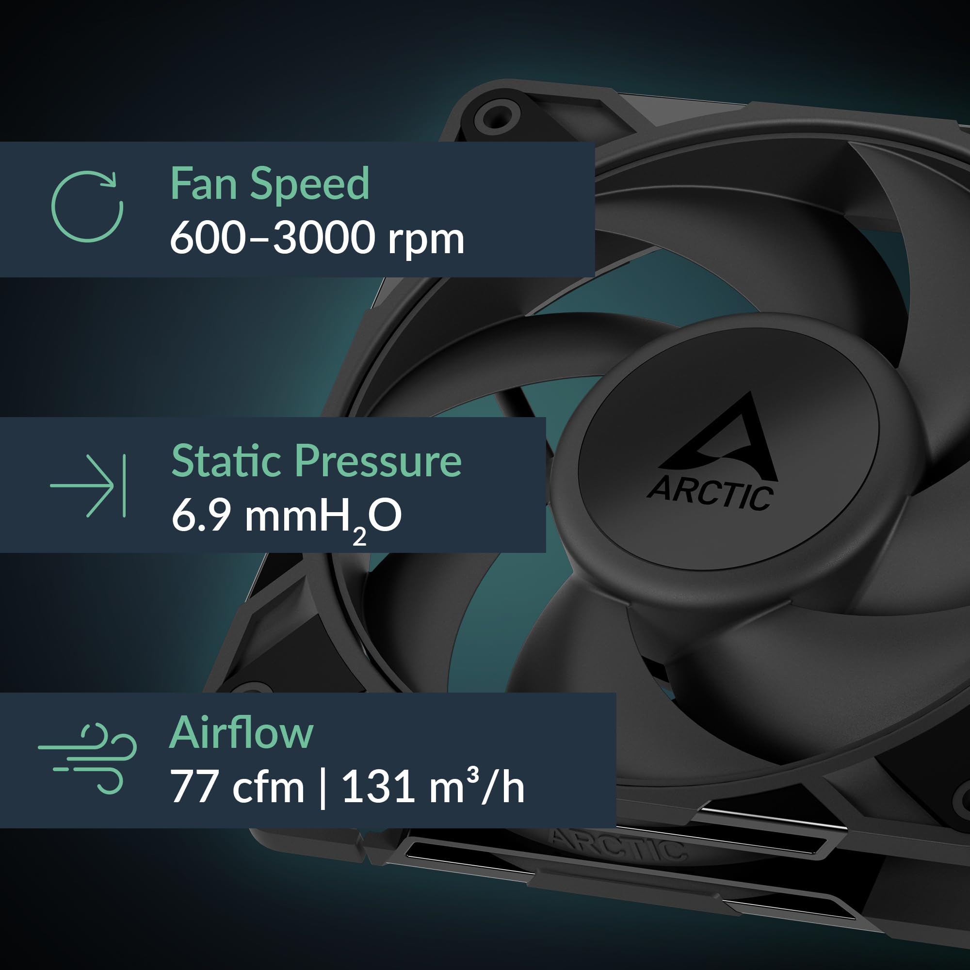 ARCTIC P12 Pro PST - 5 Pack - Powerful Premium Fan, 120 mm PWM Fan with Y-Cable Splitter, 600-3000 RPM, 0 RPM <5% PWM, Fluid Dynamic Bearing, 4-Pin - Black - Detailed View