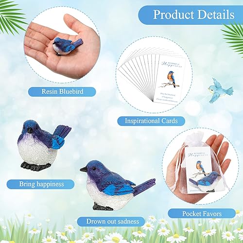 Miniatura 3 de Roowest Dijes de bolsillo de pájaro azul, incluyendo pájaros de resina y tarjetas de poesía, bolsas de regalo de organza de bolsillo de la suerte,