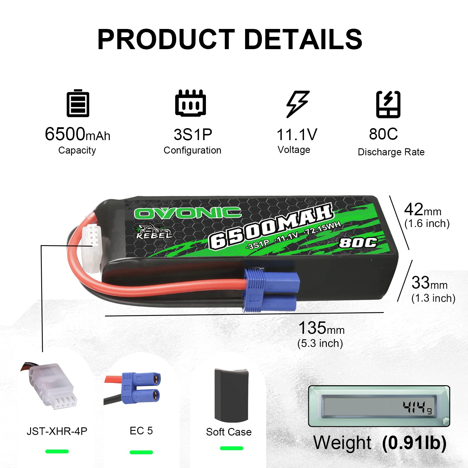 OVONIC Lipo akumulator 80C 11,1V 6500mAh 3S LiPo akumulator z wtyczką EC5 do RC Car Monster Truck RC Truck RC Truggy Buggy RC Hobby
