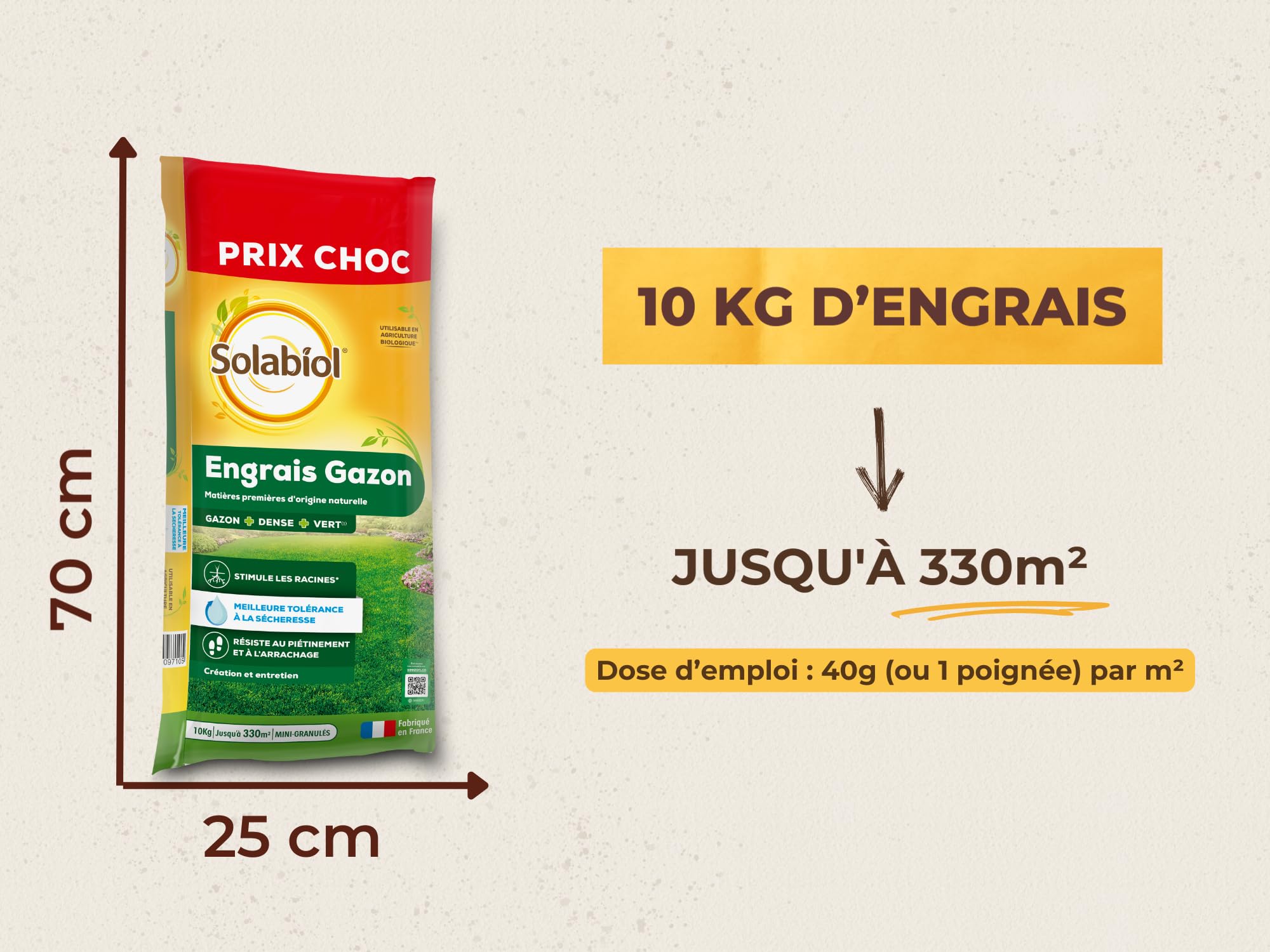 SOLABIOL Engrais Gazon Longue Durée - Sac 10 Kg - Jusqu'à 330m² - Améliore la tolérance à la sécheresse - Résiste au piétinement - Gazon Plus Dense & Plus Vert SOGAZY10BP