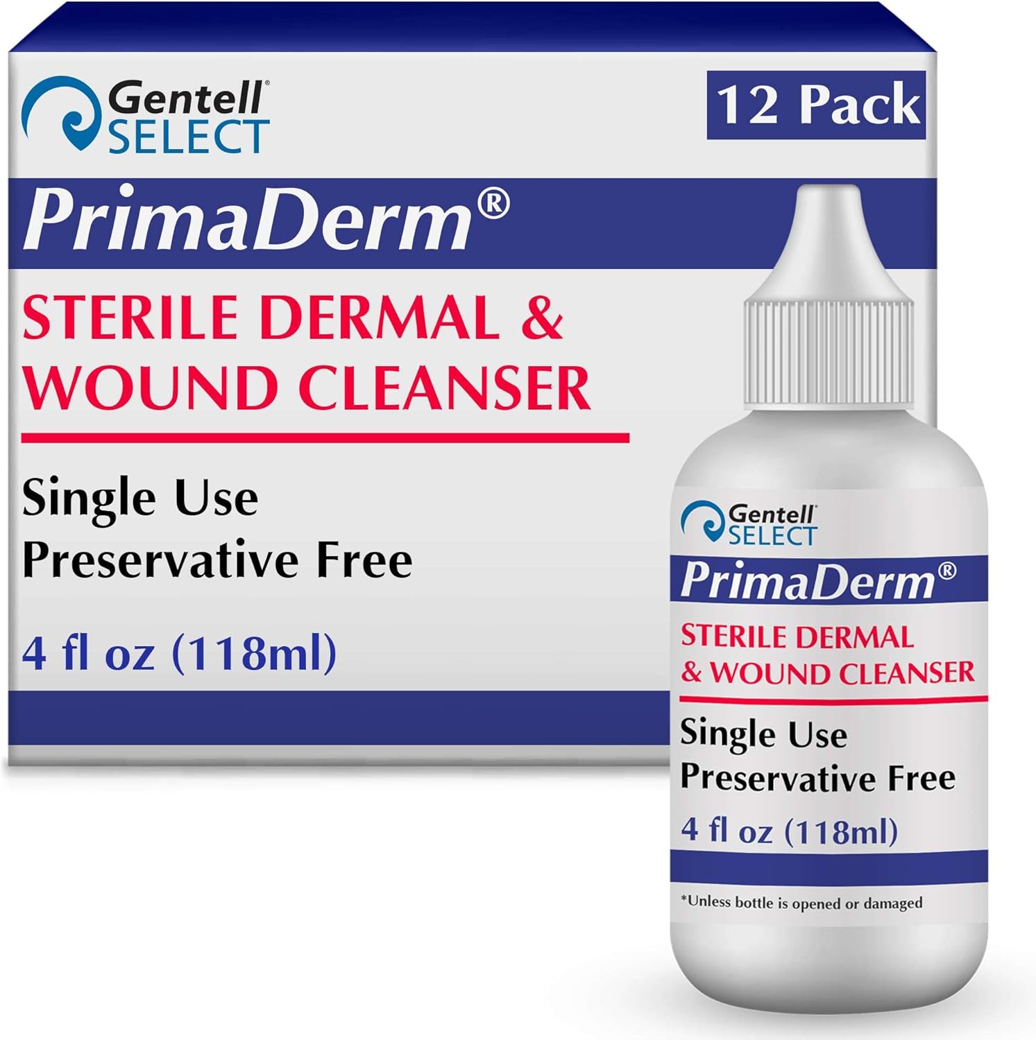 PrimaDerm Sterile Wound Cleanser, 4 oz Single Use Squirt Bottle, 12 Pack Bulk Case - Non Cytotoxic Dermal Cleanser - Traumatic Acute Wound Wash - Gentle Poloxamer 188 Based Formula