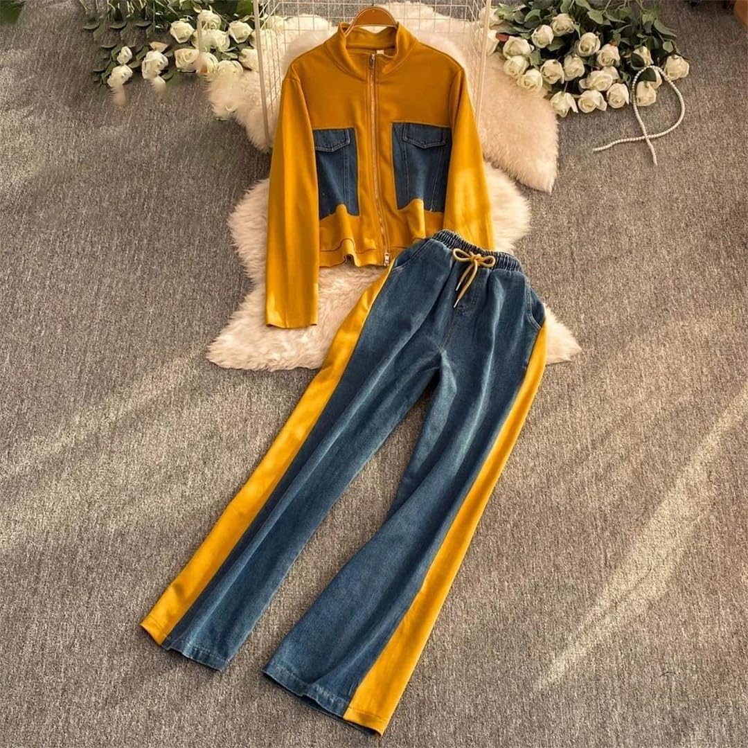 Womens Hooded Denim Two Piece Set Loose Top And Wide Leg Pants Elastic Waist Summer Casual Outfit