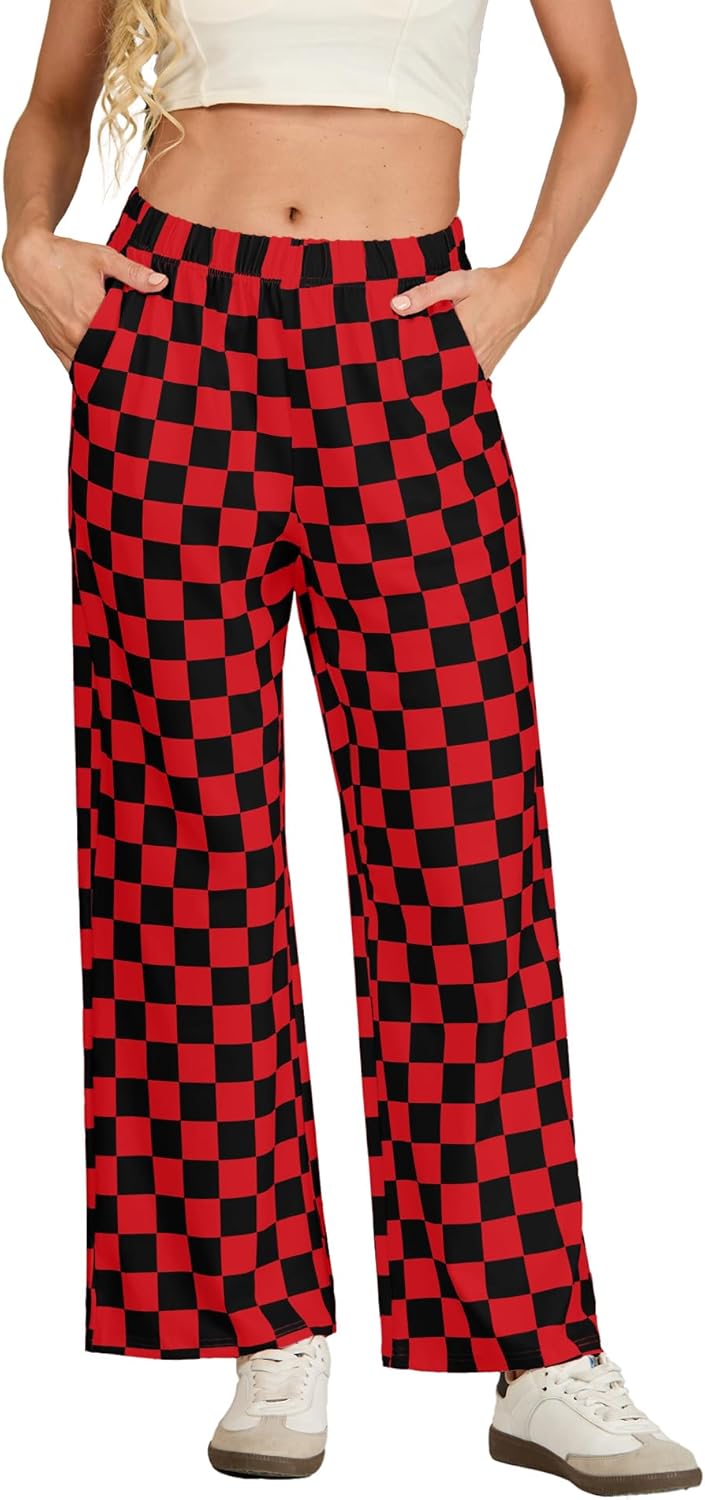 IWOLLENCE Women's Casual Loose Checkered Wide Leg Pants High Waist Straight Lounge Y2K Gingham Trousers - Image 5