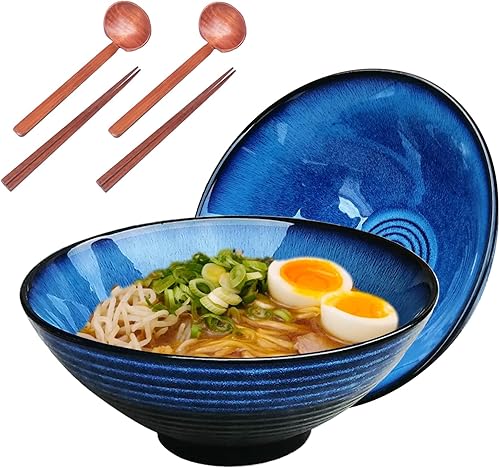 NJCHARMS Tazón de sopa de fideos de ramen japonés de cerámica, 2 juegos (6 piezas) de 42 onzas, con cuchara y palillos a juego para fideos asiáticos