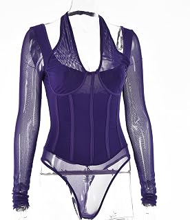 YXWYXWA Bodysuits de Mujeres Fashion Babes Halter Bodysuit Summer Solid Color Mesh Perspective de Manga Larga Camiseta Abierta Topas de Clubes Delgados, púrpura, L