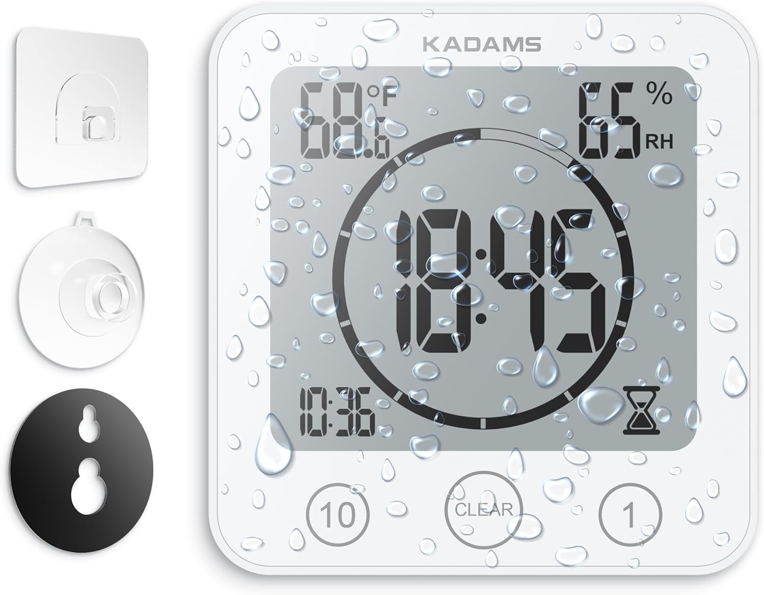 KADAMS Shower Clock showing four mounting options: stand, hook, suction cup, and magnetic pad