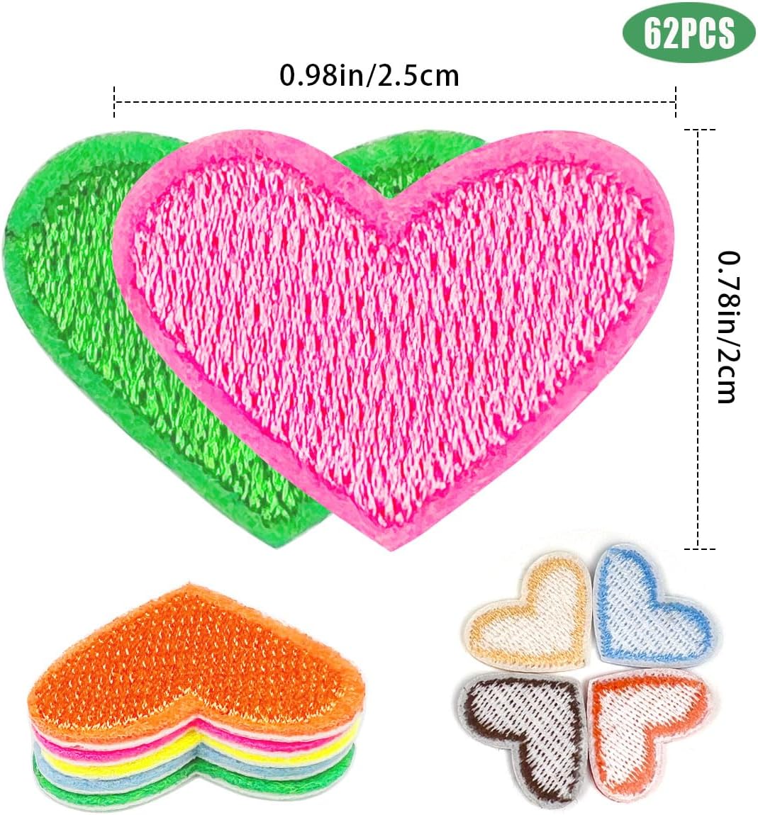 62 Pcs Colorful Embroidered Iron On Heart Patches, Sew/Iron On Heart Applique Patch, for Clothes Hats Jeans Backpacks Shoes DIY Repair Decoration