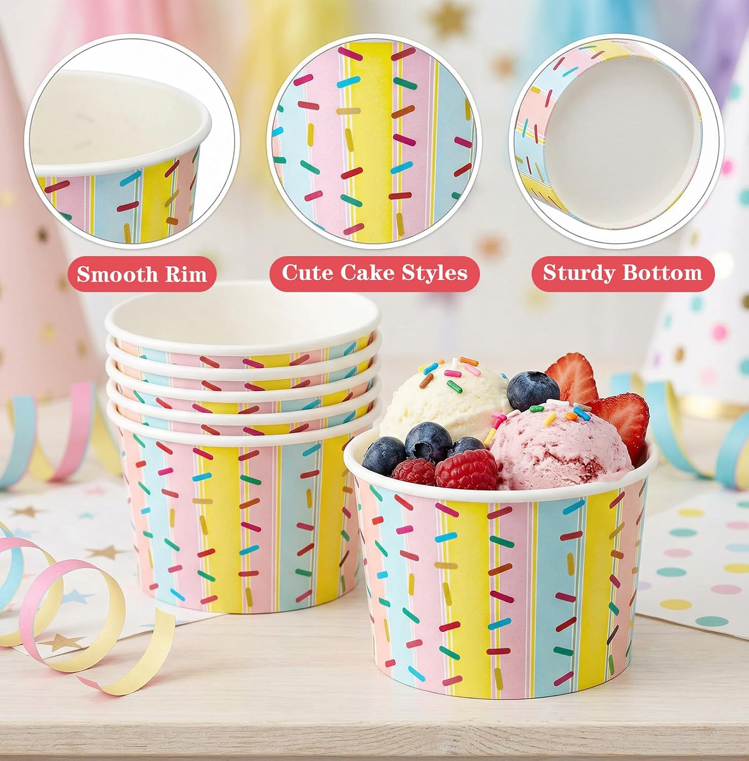 100 Pcs Disposable Paper Ice Cream Cups 9oz Disposable Ice Cream Bowls | Dessert Bowls for Sundae Yogurt Soup Hot or Cold Food Containers Treat Snack Cups Party Supplies