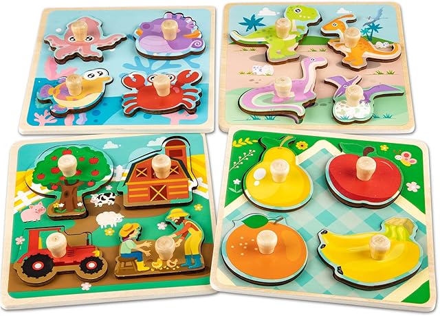 Funsland Wooden Toddler Puzzles, 4 Pcs Peg Puzzles Gifts Toys, Eco Friendly Animal Patterns Jigsaw with Handles, Infant Kid Fine Motor Skill Learning Educational Montessori Puzzles for 1 2 3 Years Old