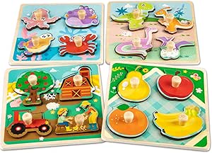 Wooden Puzzle 1 2 Year Old, 4Pcs Wooden Puzzles with Handle, Montessori Toys Baby Puzzles Animal Fruits Educational Puzzle Toys Christmas Gift for Children 2 3 Years Old