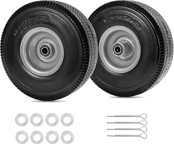 Parts Camp 10 Inch Flat Free Tire and Wheel 2 Pack, 4.10/3.50-4 Solid Tires with 5/8" Axle Bore Hole and 2-1/4" Offset Hub, Replacement for Gorilla Cart, Hand Truck, Garden Wagon, Dolly, Utility Cart