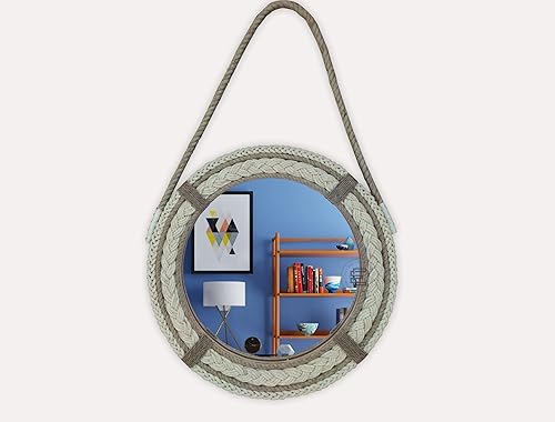 Espejo redondo náutico costero para sobre el fregadero, decorativo tejido a mano, cola de caballo enmarcada para colgar en el baño, luz de cama y