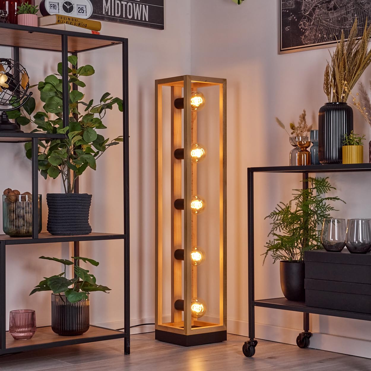 Stehleuchte Ottersta, Stehlampe aus Holz/Metall in Naturfarben/Schwarz, Leuchte im modernen skandinavischen Design, Höhe 102,5 cm, mit Fußschalter, 5-flammig, 5 x E27, ohne Leuchtmittel