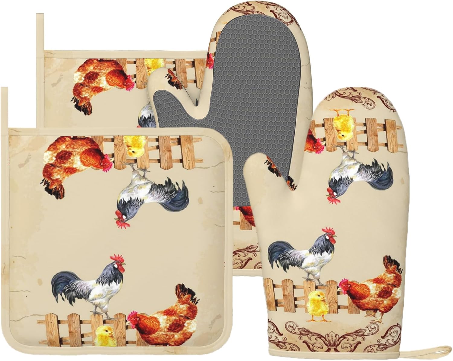 Funny Farmhouse Rooster Chick Oven Mitts and Pan Racks 4-Piece Set