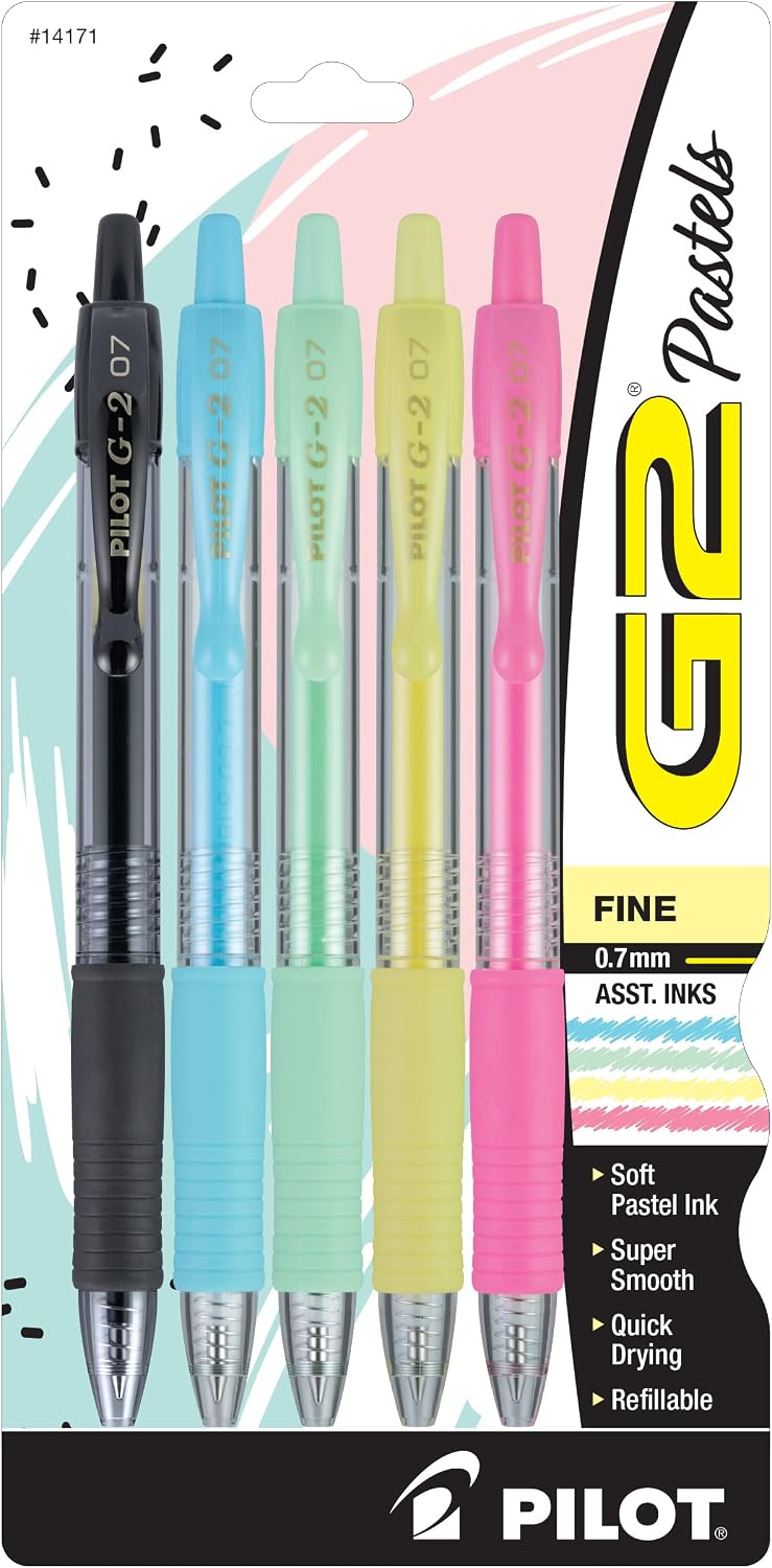 Pilot G2 Pastel Gel Pen, Retractable, Fine 0.7 Mm, Assorted Pastel Ink and Barrel Colors, 5/Pack