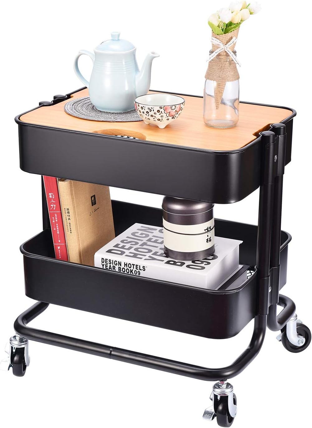 2-Tier Metal Utility Rolling Cart Storage Side End Table with Cover Board for Office Home Kitchen Organization, Black