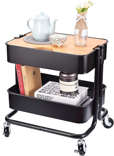 Mesa auxiliar de almacenamiento de metal de 2 niveles con tablero de cubierta para oficina, hogar, cocina, organización, color negro