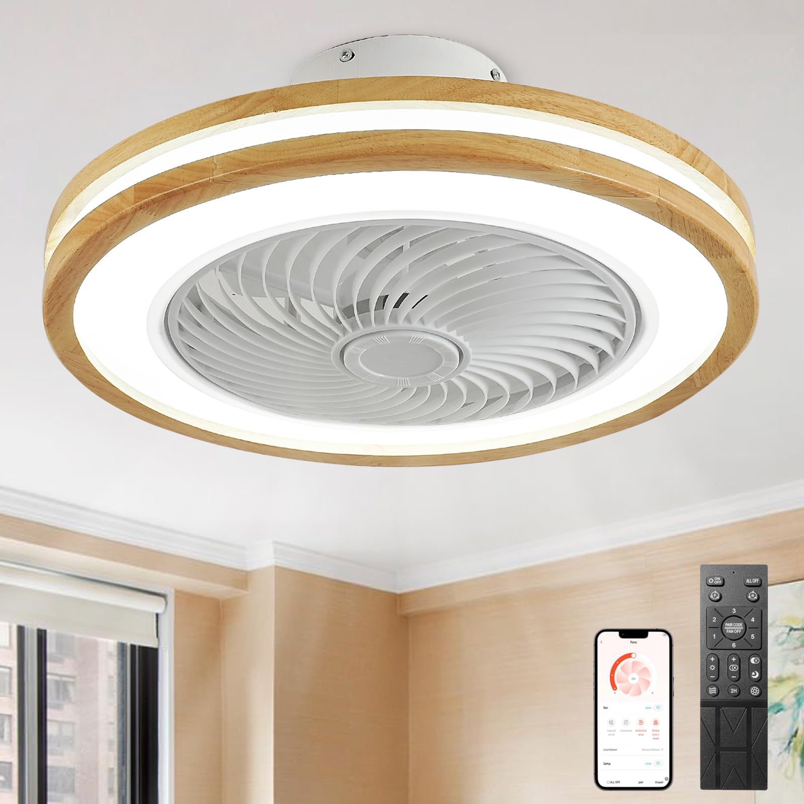 SXDMOUBK Wooden Ceiling Fan with Remote LED Light Dimmable 6 Speed Indoor Fan with Timer Reversible DC Motor Silent 50CM Fan for Bedroom & Living Room