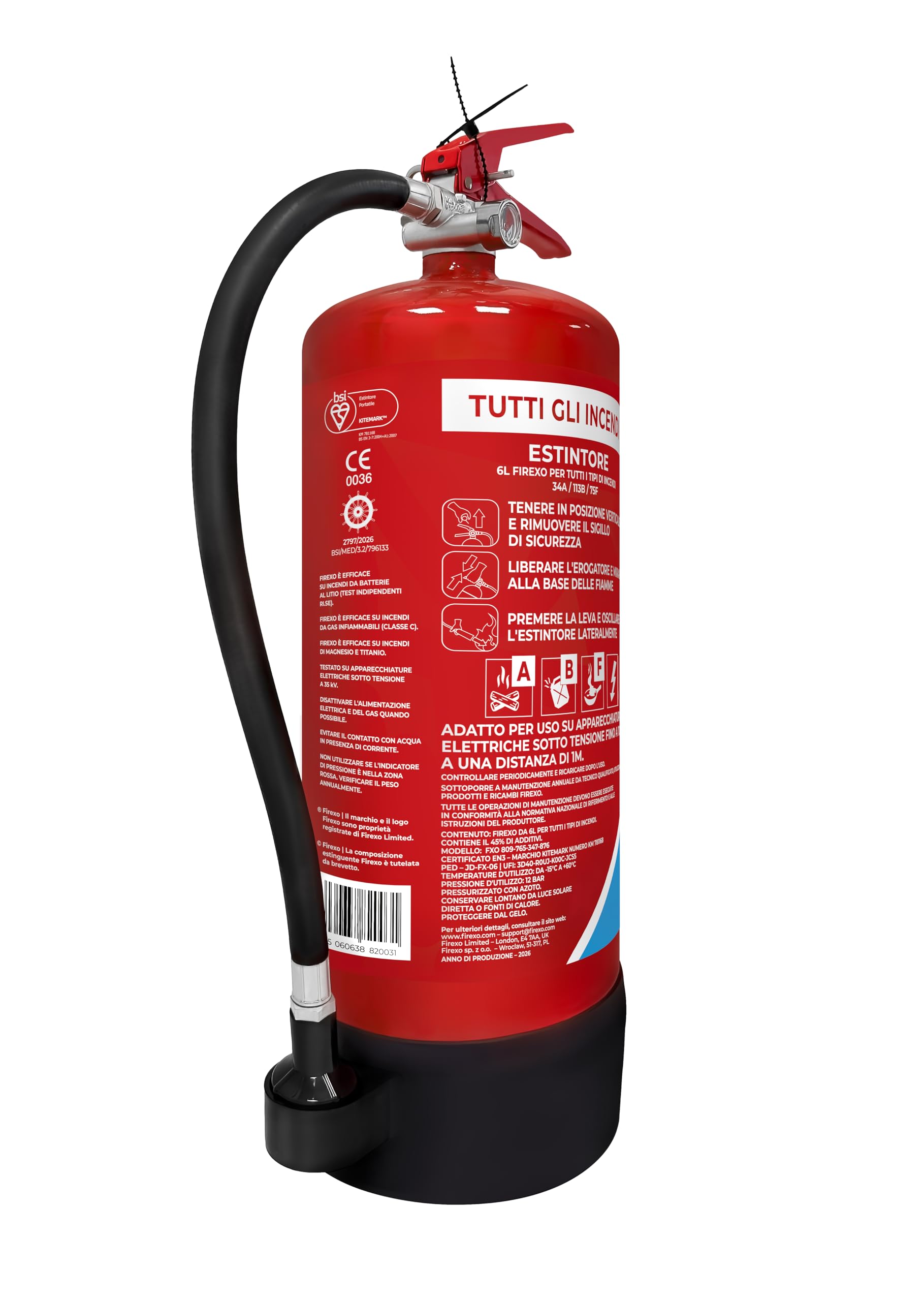 Firexo Estintore (6 Liter) - Fire Extinguisher Per Casa, Ristorante, Cucina, Camper, Lavoro, Barca, Camino - Estintore per tutte le classi di incendio