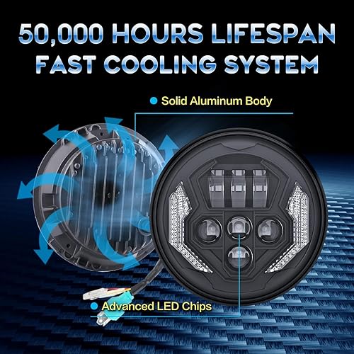 Miniatura 5 de Sinoparcel Faro delantero redondo mejorado de 7 pulgadas con señal de giro DRLámbar, H6024 6024 LED sellado, 20000 lmset, reemplazo halógeno