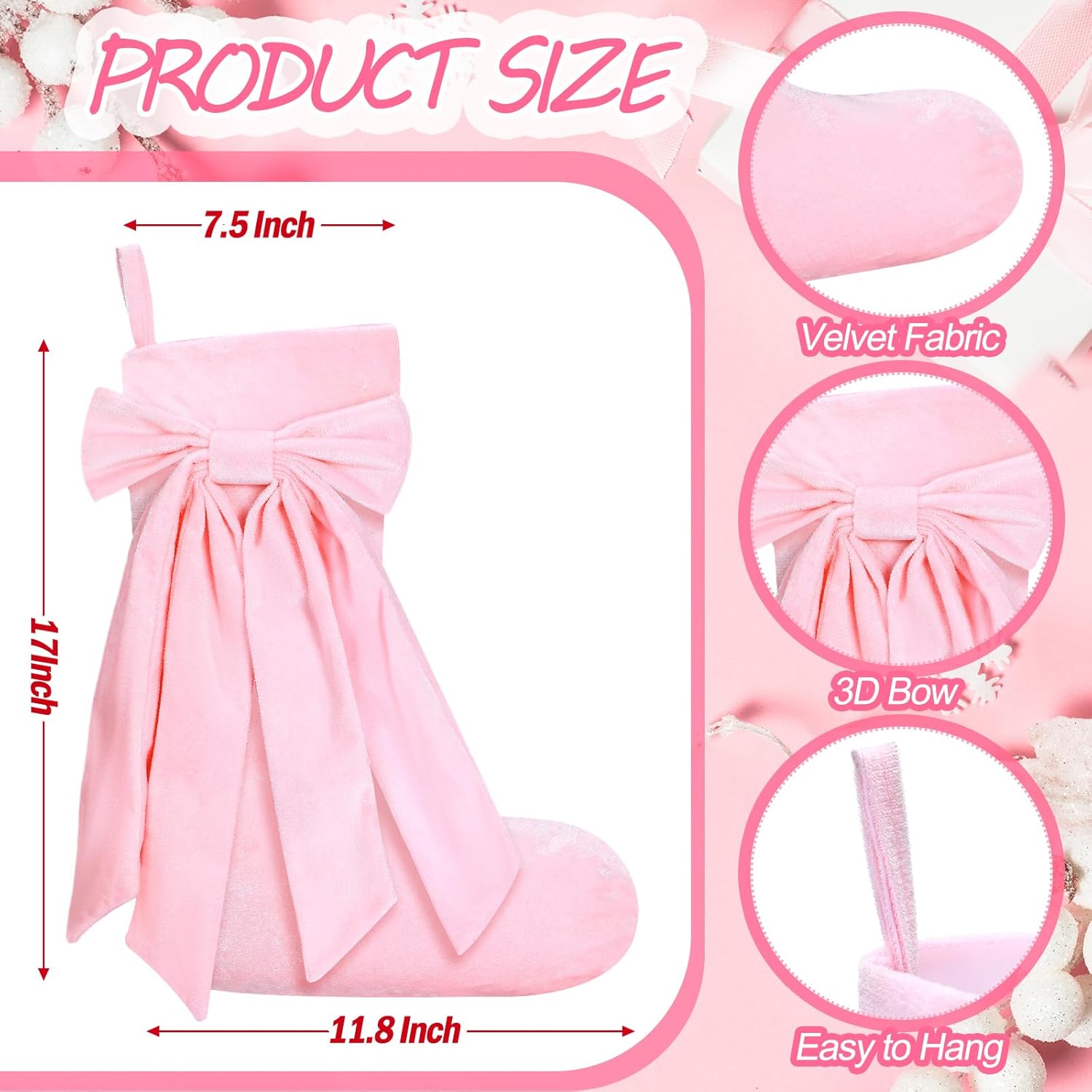 4 Pack 18 Inch Pink Velvet Christmas Stockings Large Coquette Bow Faux Fur Stockings Christmas Hanging Decoration Candy Gift Bags for Xmas Tree Fireplace Holiday Party Decor(Classic Style) - Image 2
