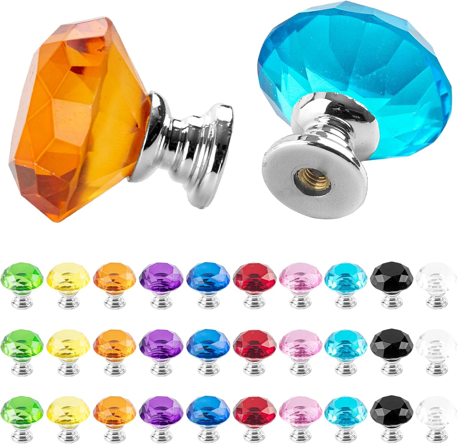 30 Pcs Colorful Crystal Drawer Knobs, 30mm Glass Dresser Knobs Cabinet Diamond Shape Pulls Handle for Wardrobe, Kitchen, Bathroom, Cupboard(10 Colors)