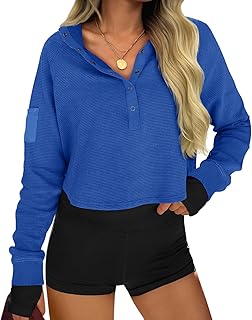 Womens Cropped Sweatshirts Casual Henley Neck Snap Button Long Sleeve Ribbed Loose Fit Fall Crop Tops