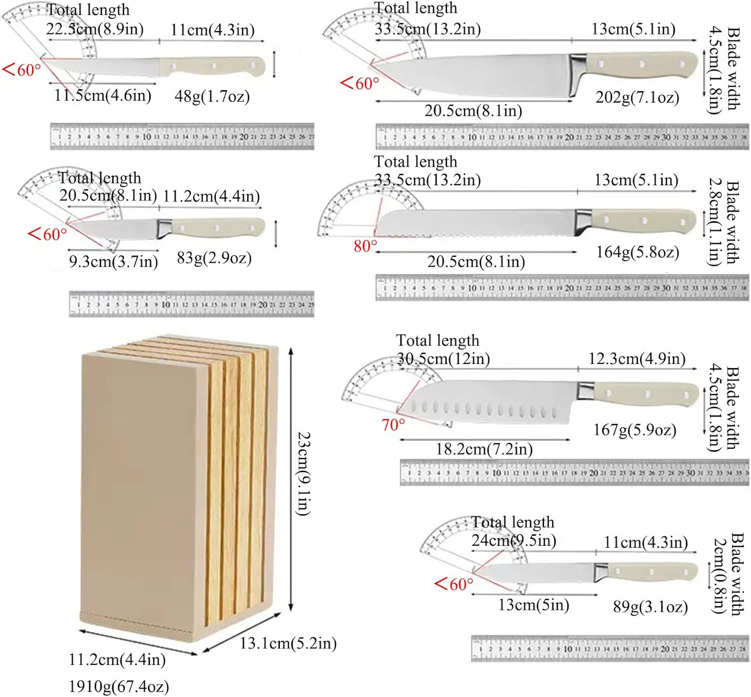 Kitchen Knife Set, 11-Piece Beige Knife Set with Wooden Magnetic Block, 5 Steak Knife, Full-Tang Handle, Dishwasher Safe Non Stick Stainless Steel Chef Knife Block Set for Kitchen Home Restaurant
