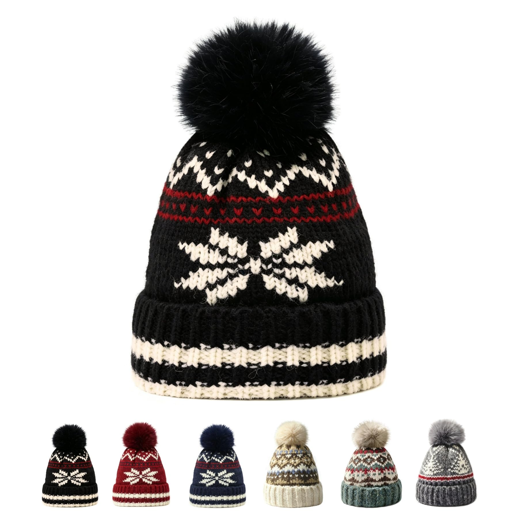 Kids Winter Beanie Hat - Fleece Lined Layer Chunky Knit Pom-Pom Stocking Cap for 3-12 Years Boys Girls Cold Weather