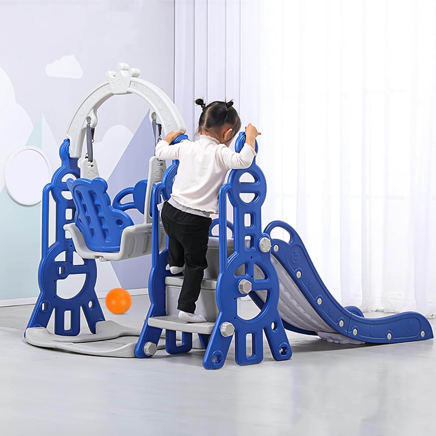 5 in1 Kids Slide and Swing Set, Baby Playground, Toddler Slide Indoor,Freestanding Baby Playground with Non-Slip Ladder, Slide, Swing, Basketball Hoop, Soccer Net & Ringtoss Set Blue