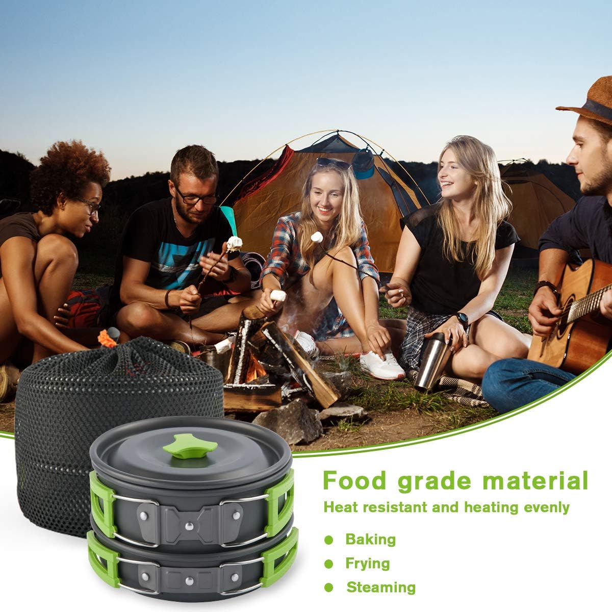 Eatcamp Camping Cookware Mess Kit for 1-3 Person Backpacking Cookware Set 12 Pcs Camping Pots and Pans Set with Mesh Bag for Outdoor Camping Backpacking Hiking Picnic