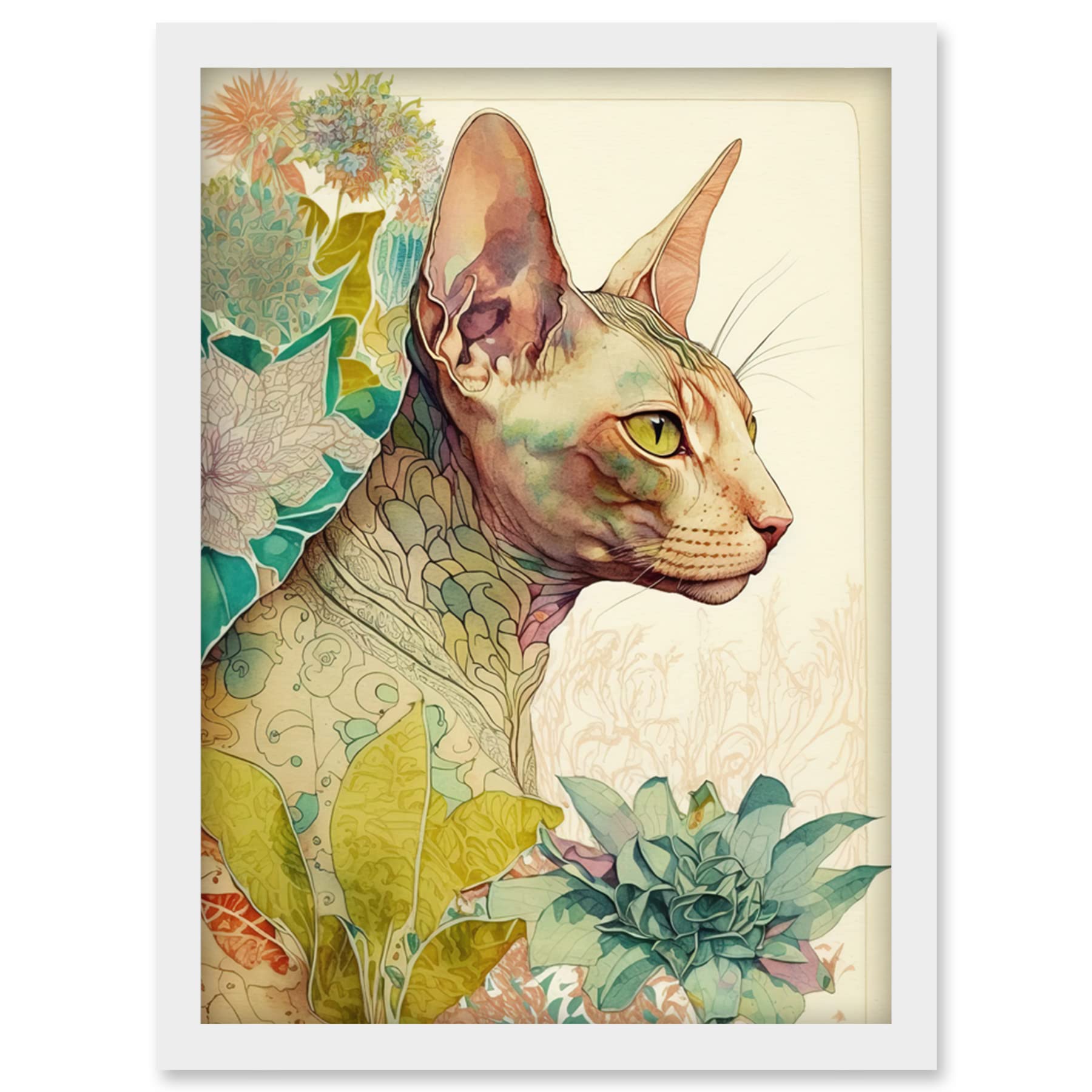 Artery8 Sphynx Cat with Floral Tattoo in Flower Blooms Colourful Modern Watercolour Illustration Artwork Framed Wall Art Print A4