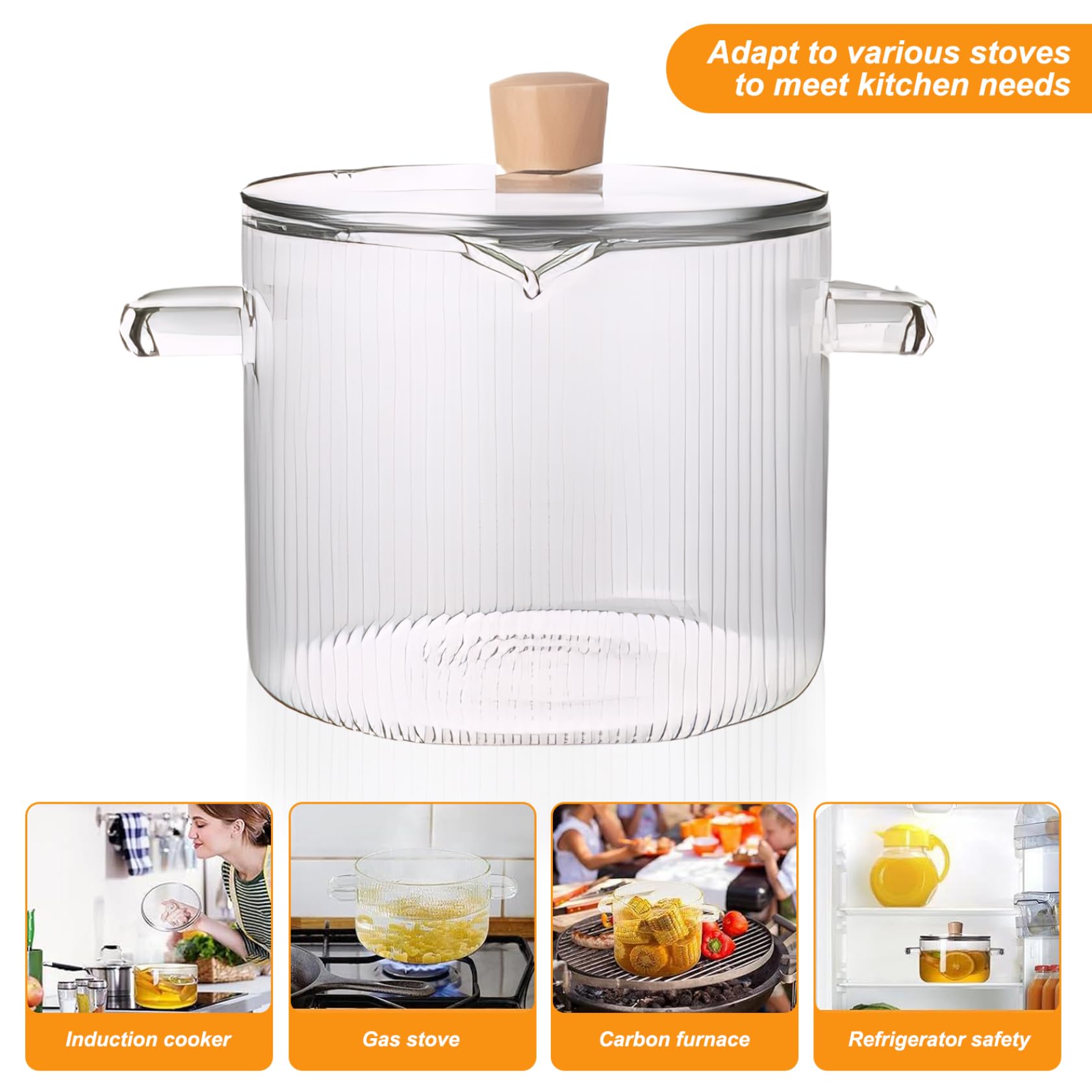 Pentola in vetro con coperchio Pentola in vetro borosilicato resistente al calore da 2, 3 l/78 oz con manici Pentole trasparenti Cuocere a fuoco lento per zuppe latte Alimenti per bambini, a