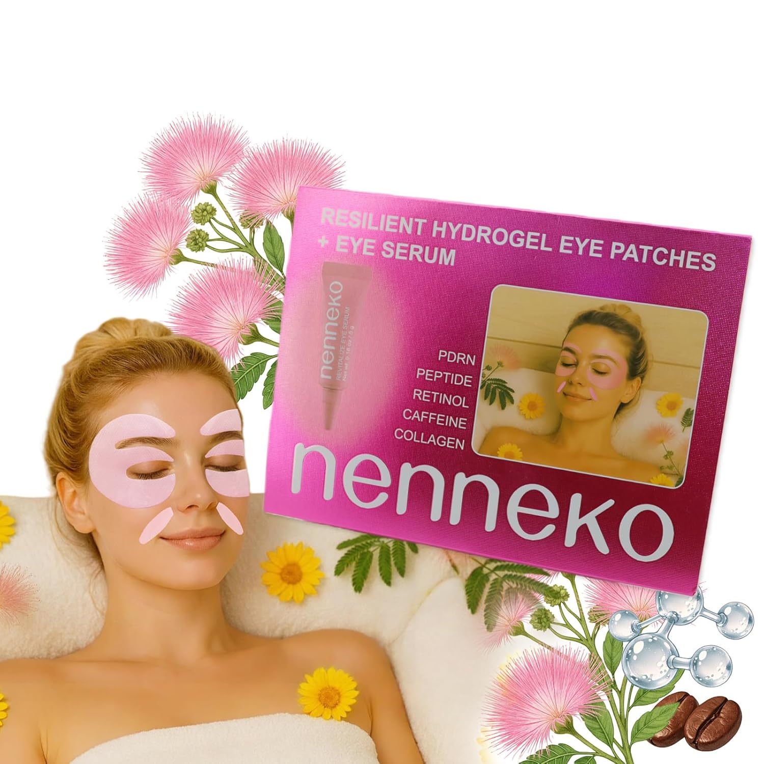 NENNEKO Eye Gel Eye Patches with Eye Serum Set,Collagen Peptide & Caffeine Under Eye Patches for Puffy Eyes and Dark Circles, Eye Masks with Retinol Smile Line Patches Eye Care Gifts for Women 4pairs