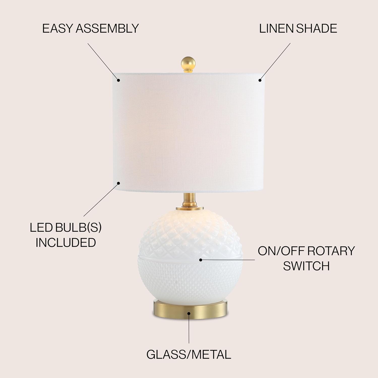 JONATHAN Y 20.5" White/Brass Gold Glass/Metal Table Lamp, Contemporary Hobnail Texture Globe Lamp with White Linen Shade for Living Room Bedroom, LED Bulb Included JYL1040A