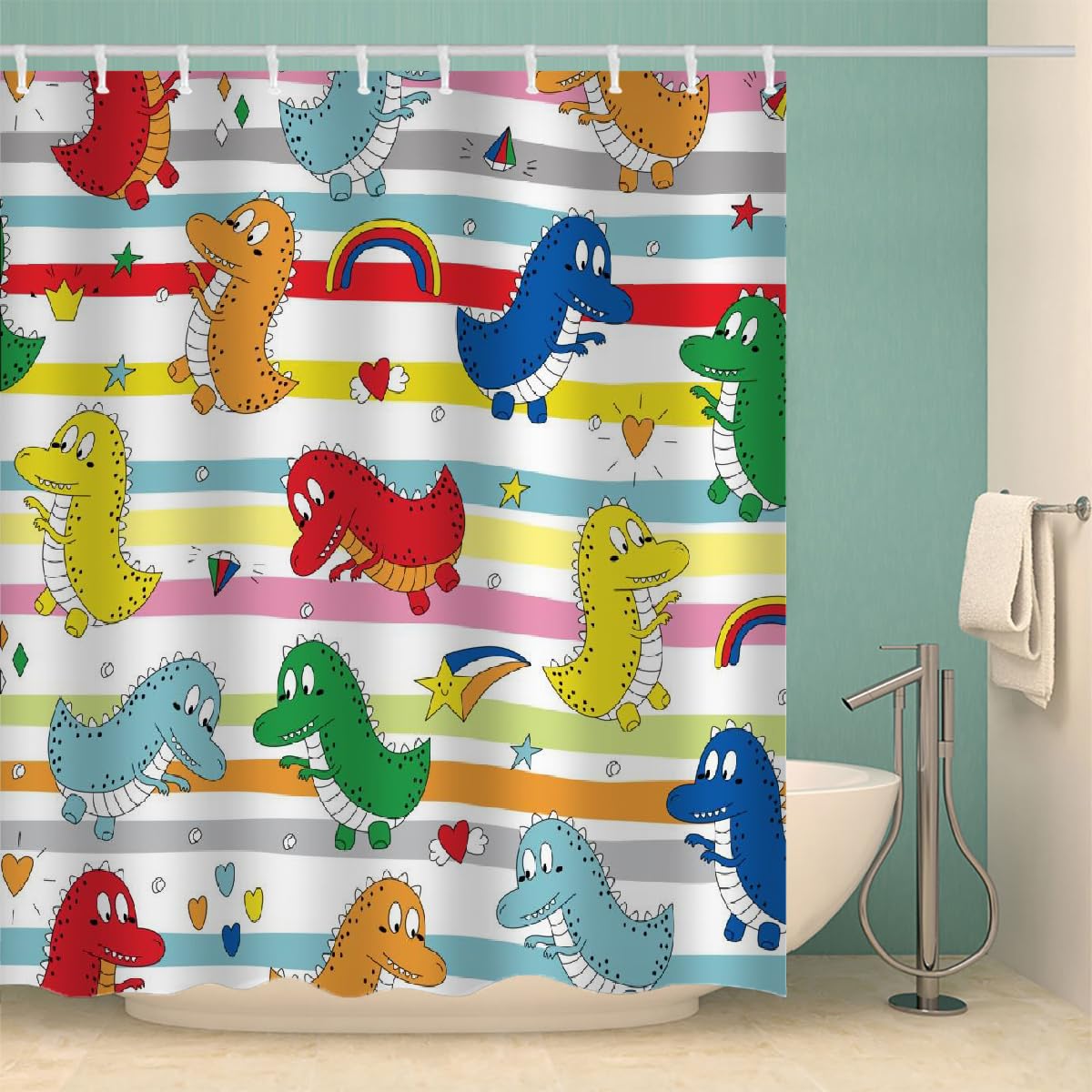 Rideau de douche anti-moisissure dinosaure 180x200 tissu imperméable lavable avec crochets