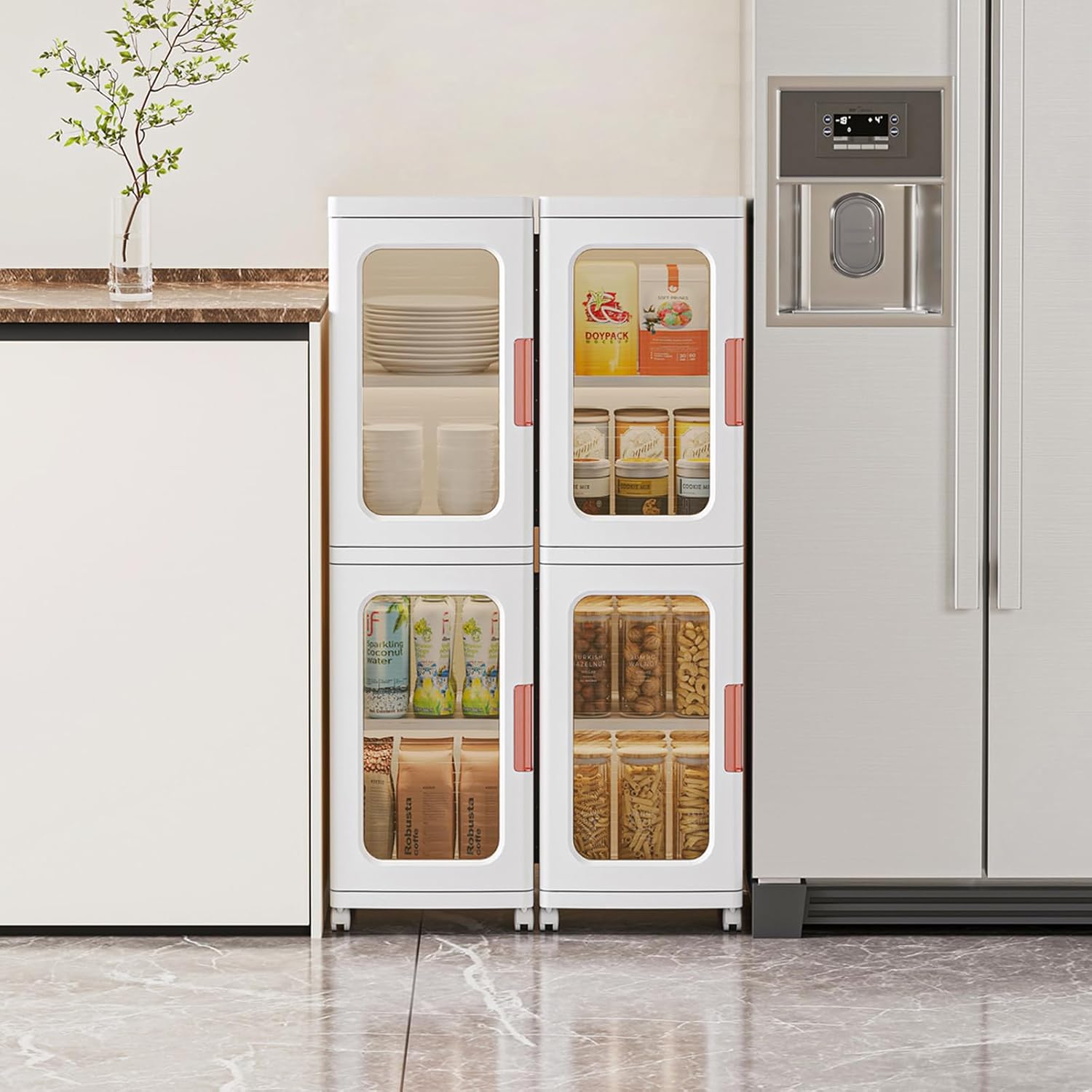 Narrow Cabinet With Doors and Shelves - Tall Skinny Bathroom Storage Kitchen Organizer With Adjustable Shelf - Toilet Paper Linen Closet 2 Layer (White)