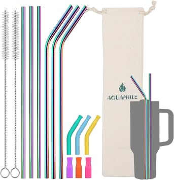 AQUAPHILE Stainless Steel Straws 40oz for Stanley Tumblers, 12" Extra Long Straws Stanley Cup Accessories, Reusable Metal Straws with Silicone Tips and Cleaning Brush, Rainbow