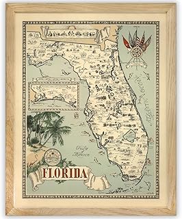 1954 Map of Florida Vintage Art 11x14 Framed Print - Antique-Style Wall Art for Living Room, Library, Office, Classroom, Study - Illustrated State Map, Historic Landmarks, Gifts for Florida Lovers