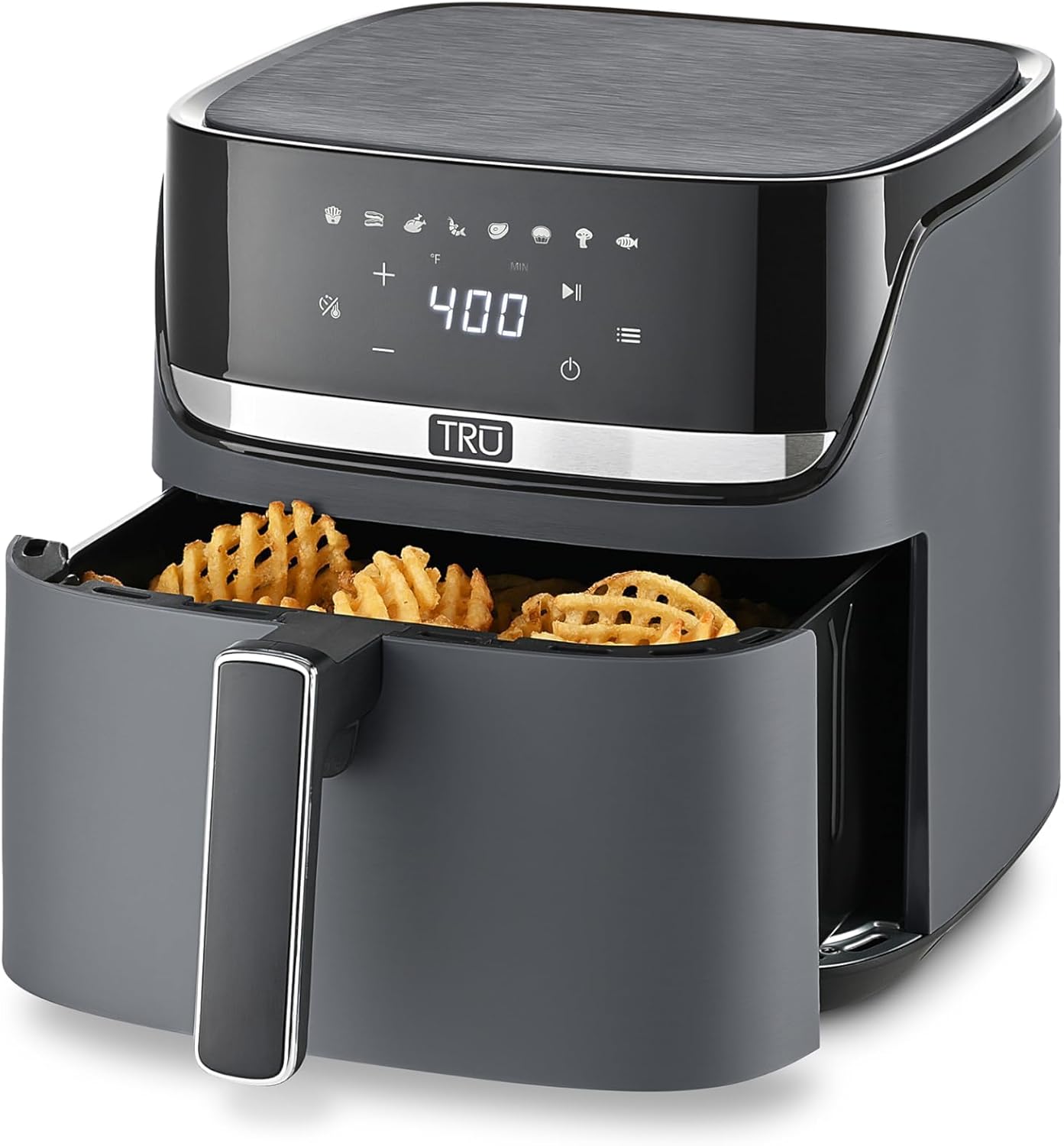 TRU 8-Quart Digital Air Fryer by Select Brands - Family Size, One-Touch Control, 8 Presets - Air Fry Chicken, Meat, Veggies, Fries - Nonstick Pot and Crisping Tray, Auto Shut Off, Matte Gray