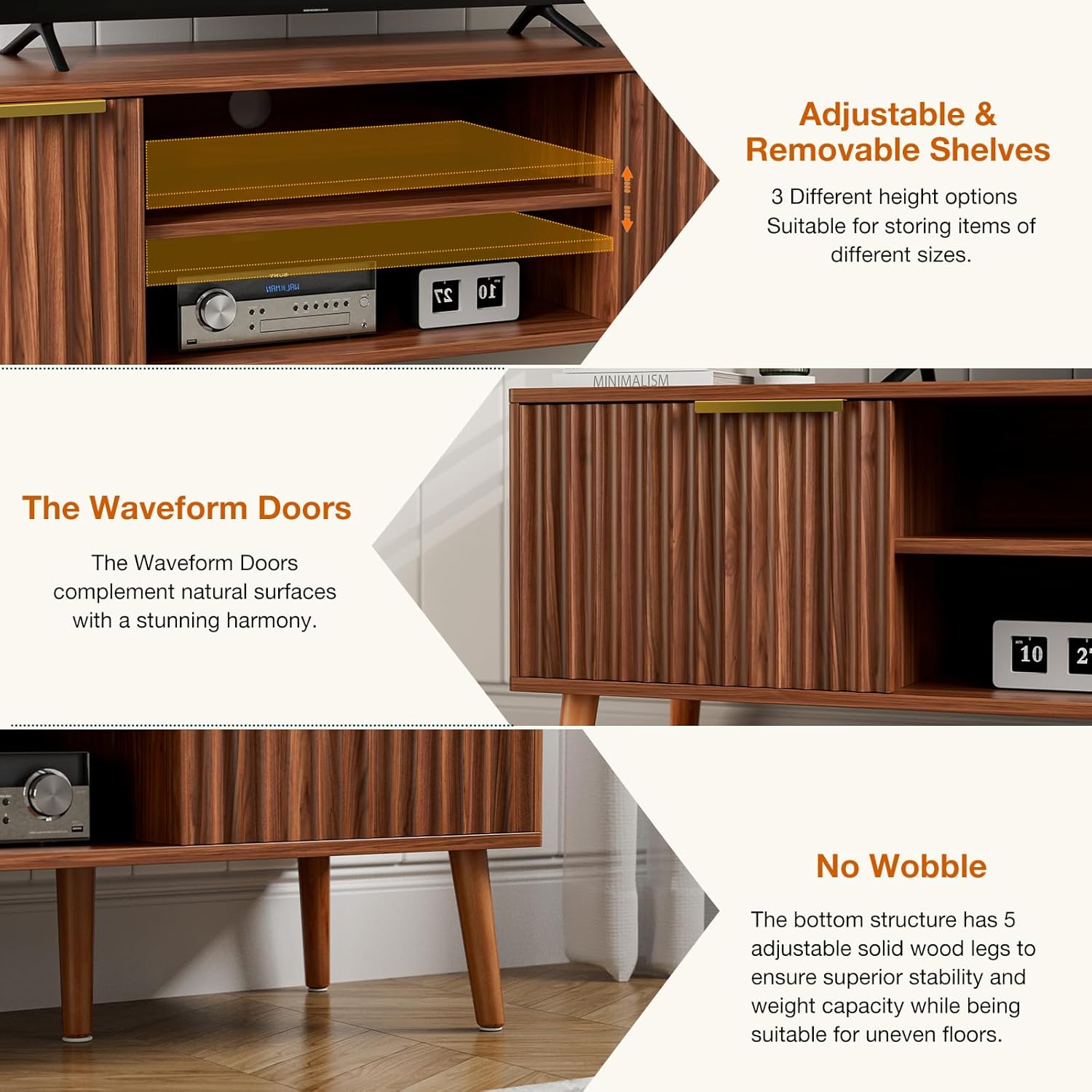 TV Stand for Living Room, Mid Century Modern Entertainment Center for 55/60/65 inch TVs, TV Console with Fluted Door Cabinets and Open Shelves, for Bedroom, Walnut