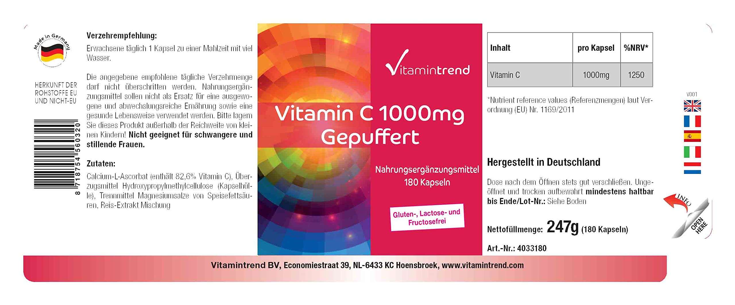 Vitamintrend Vitamin C gepuffert 1000mg, 180 Kapseln, magenschonend, Nahrungsergänzungsmittel vegan ohne Magnesiumstearat, in Deutschland hergestellt (Packung mit 2)