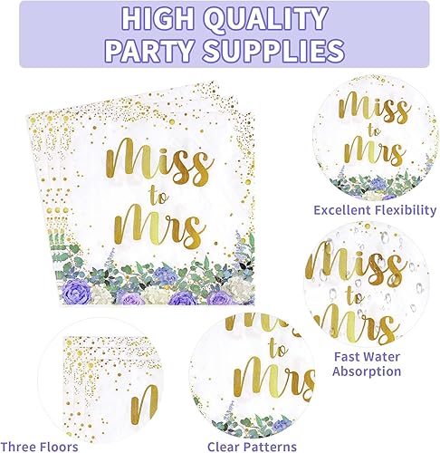 Miniatura 4 de 96 piezas de decoraciones de despedida de soltera de Miss to Mrs - Juego de platos y servilletas, platos de papel florales desechables para parejas,
