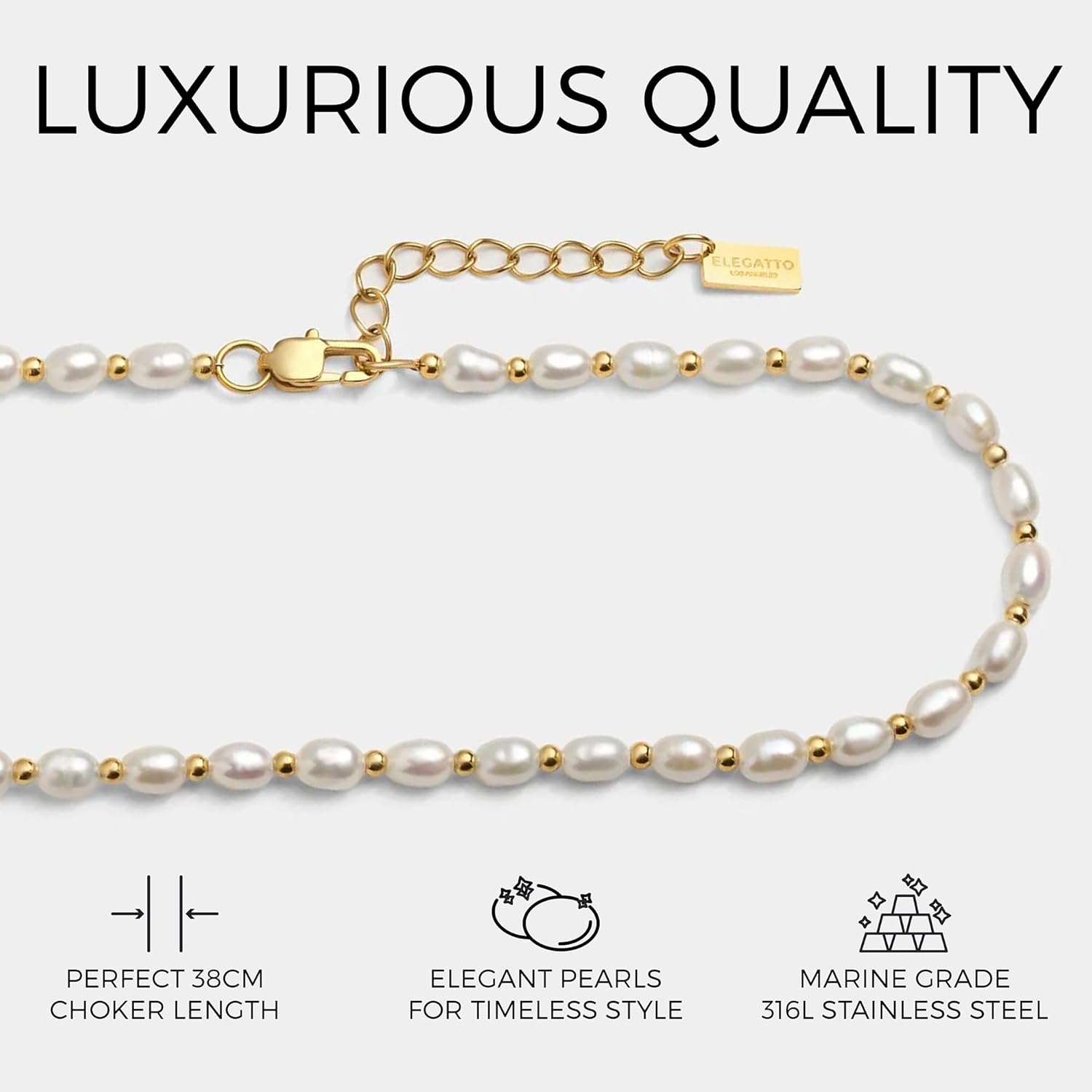 Elegatto Pearl Choker Premium 18K Gold Plated Necklace for Women | Polished Gold-Plated Stainless Steel with Pearls | Women’s Designer Jewelry - Image 3