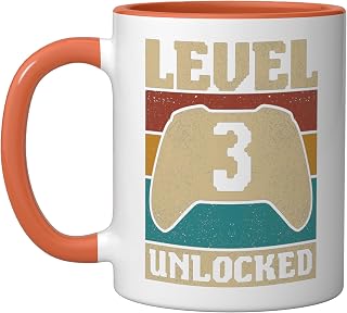 Level 3 Unlocked Boys Girls Kids 3rd Birthday Party Gamer Ceramic Mug, Orange/White, 11oz