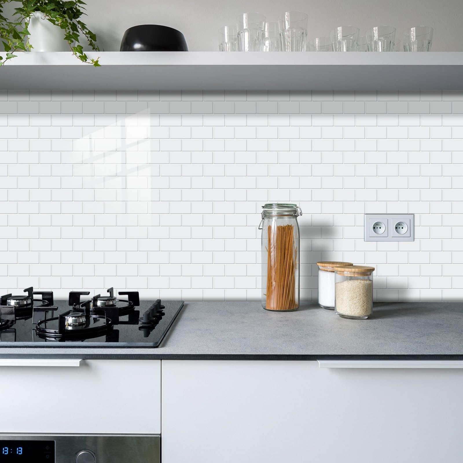Stick on Kitchen Tiles 27x27 cm Grey White Brick Peel and Wall Waterproof PVC for Fireplace Surround Furniture Decoration Tile Stickers Backsplash 20 Pcs